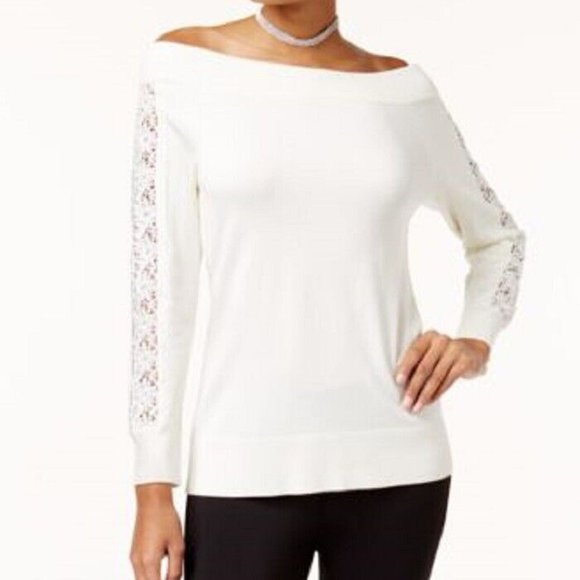 Thalia Sodi Womens M Ivory Lace Sleeve Off Shoulder Rib Bottom Sweater NWT BG57 - Picture 1 of 8